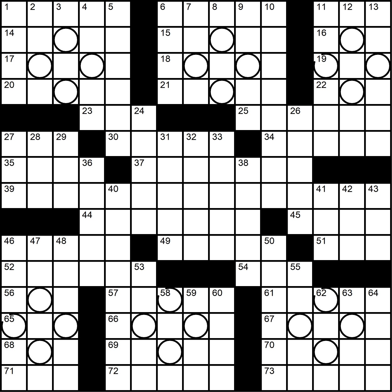 A blank crossword with suspicious-looking circles all over it.