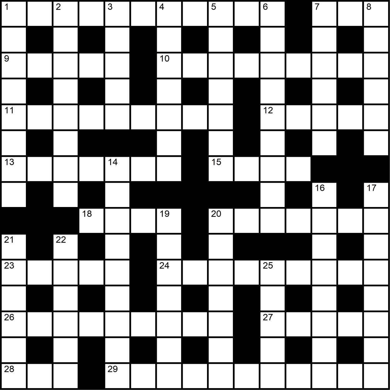 A cryptic crossword grid with long acrosses at the top and bottom and three black cross shapes in the middle.