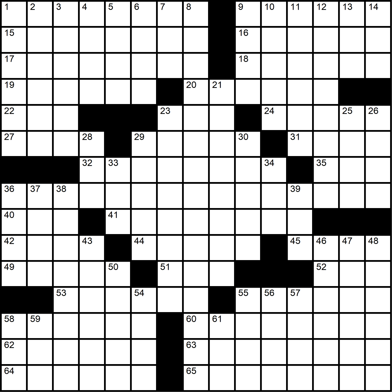 A 15x15 themeless crossword with a dense middle.