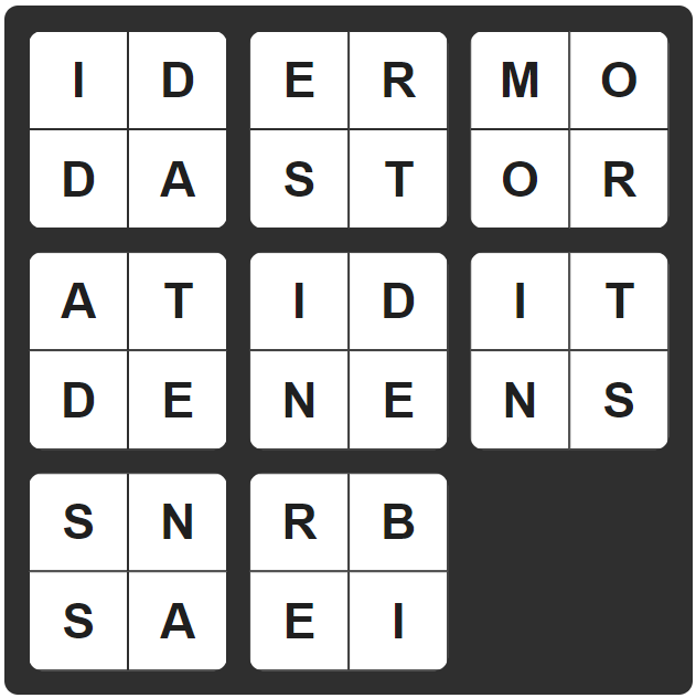 Blank Slide-n-Seek grid. Top row: IDERMO.