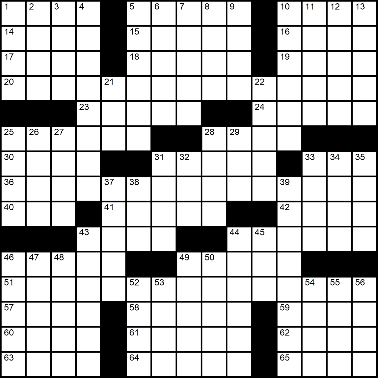 A crossword grid with three 15-letter theme entries.