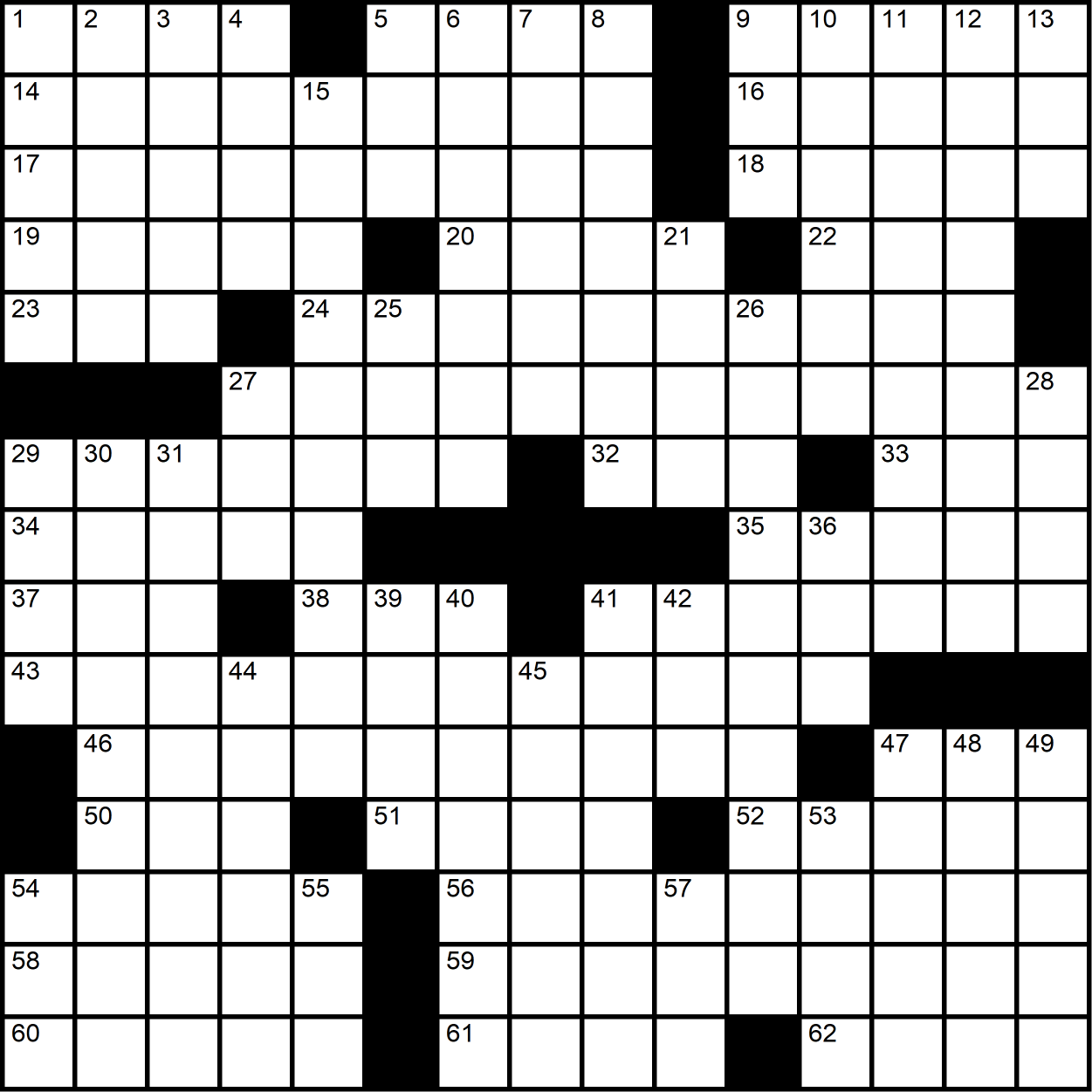A themeless crossword grid with a black cross at the center.