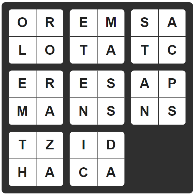 A Slide and Seek puzzle with the rows: OREMSA, LOTATC, ERESAP, MANSNS, TZID, and HACA.
