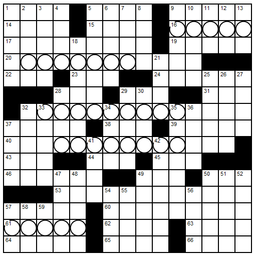 A 15x15 crossword grid with several strings of circled boxes.
