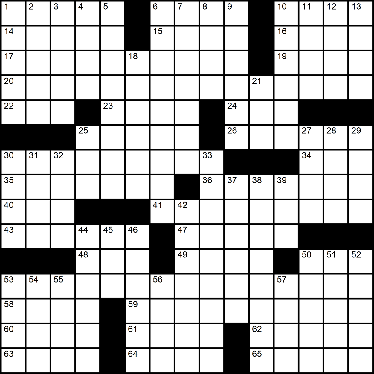 A wide-open crossword grid with standard rotational symmetry.