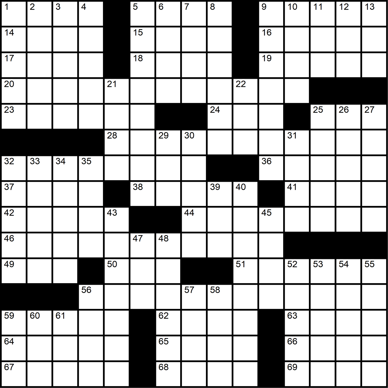 A 15x15 crossword grid with four long theme entries.