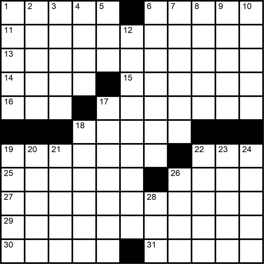 An 11x11 midi crossword with four 11-letter spanners.