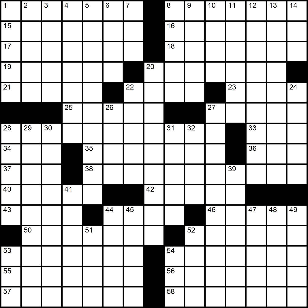 A rotationally symmetric themeless crossword grid.