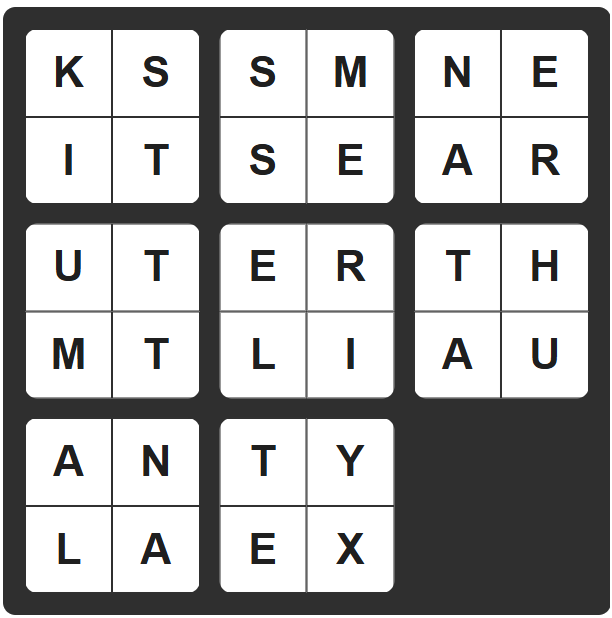 A Slide + Seek puzzle with the first row KSSMNE.