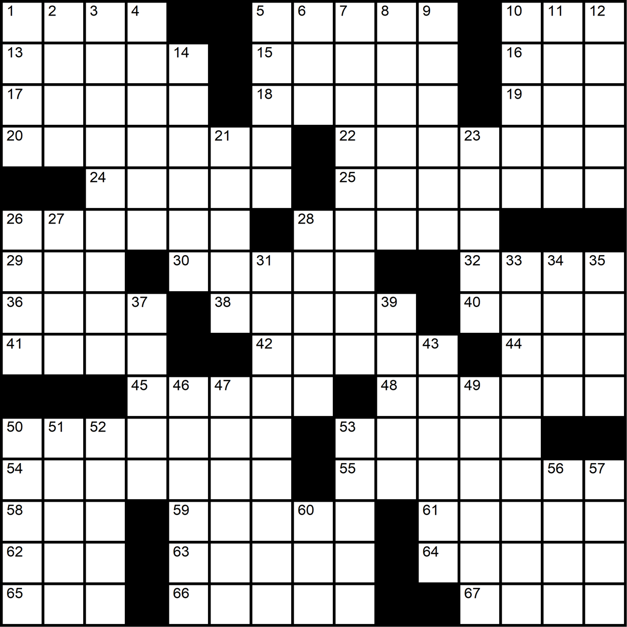 A 15x15 crossword with four long down answers.