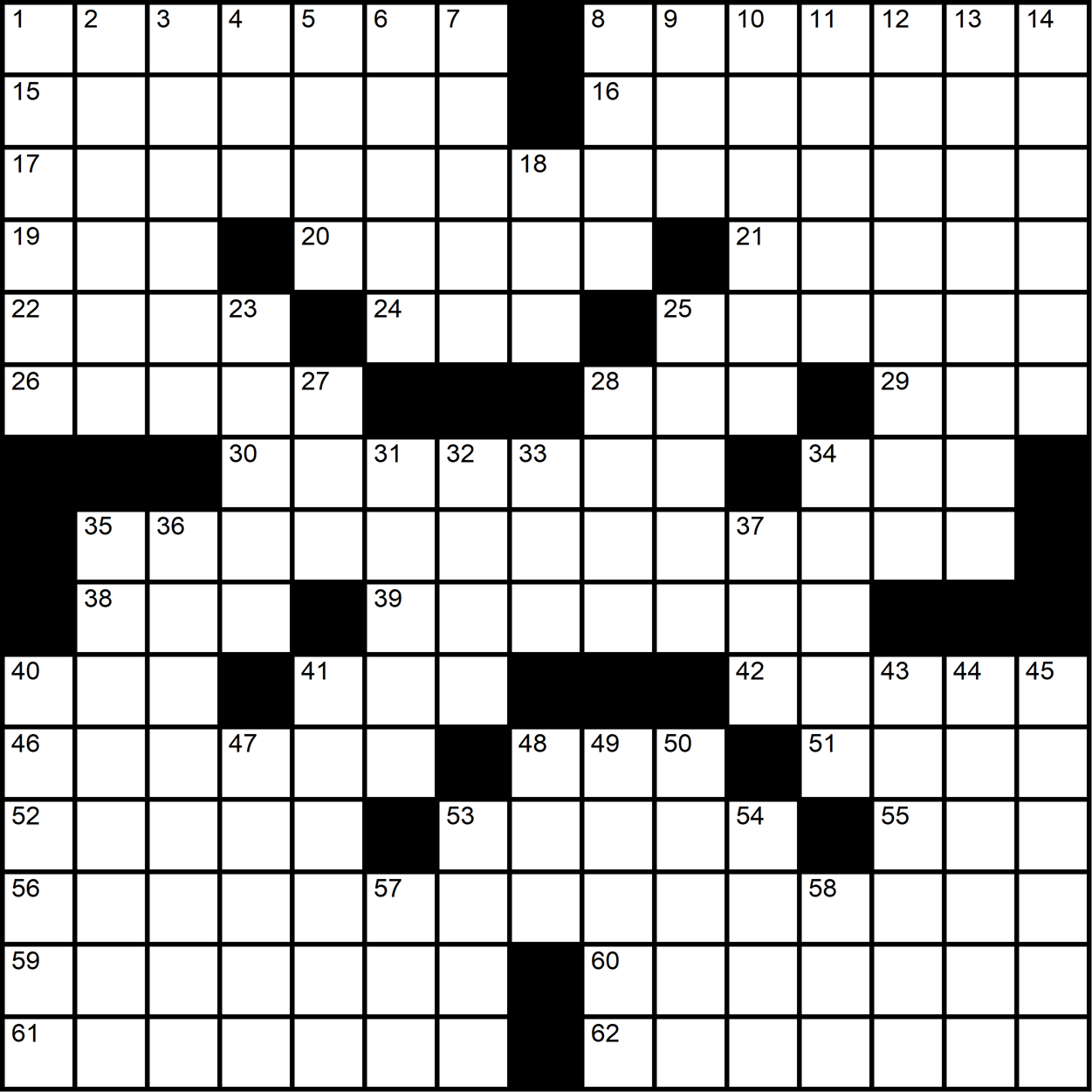 A themeless crossword grid with wide-open corners and a 13 running through the middle.