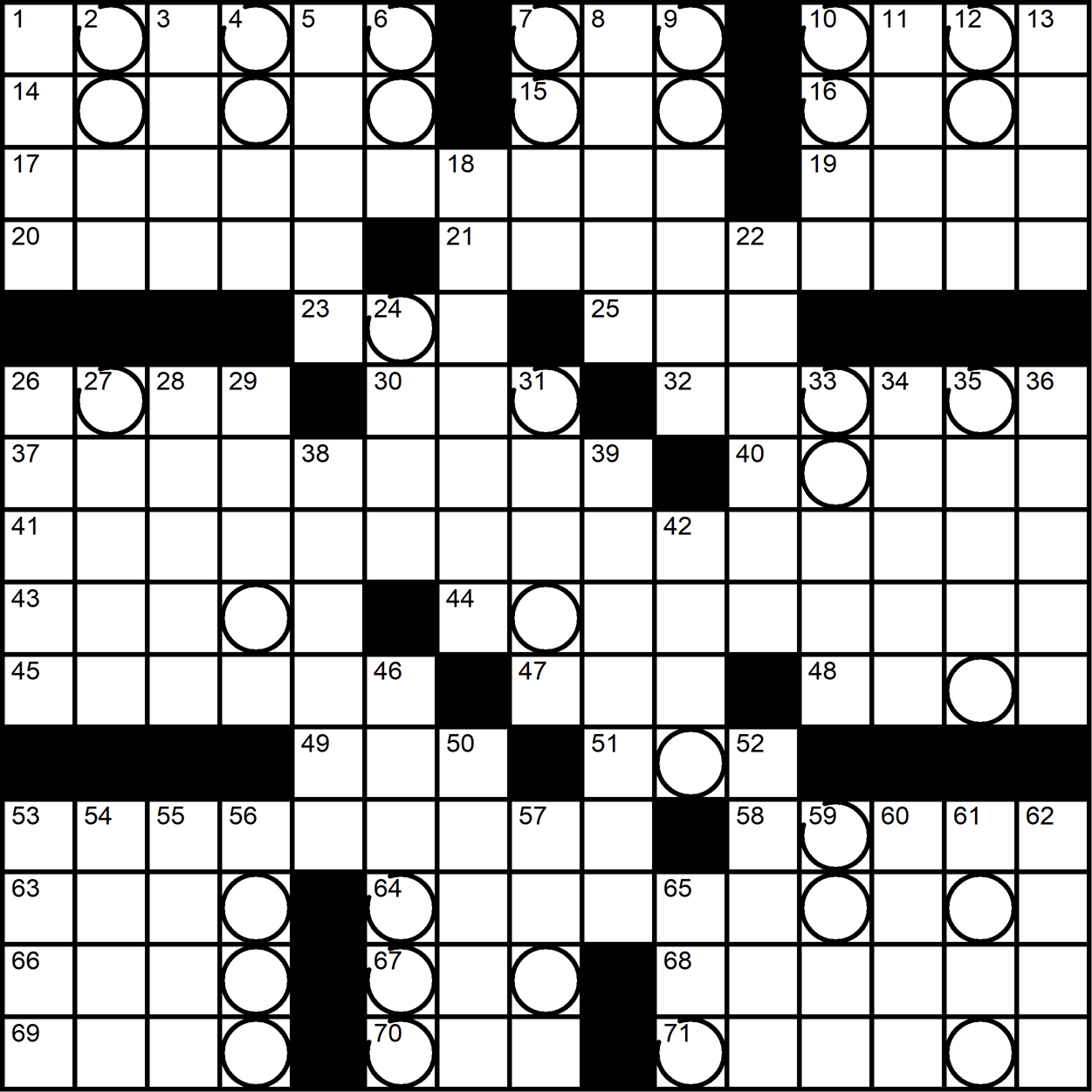 A 15x15 crossword with a central 15-letter spanner and 7 columns peppered with mysterious circles.