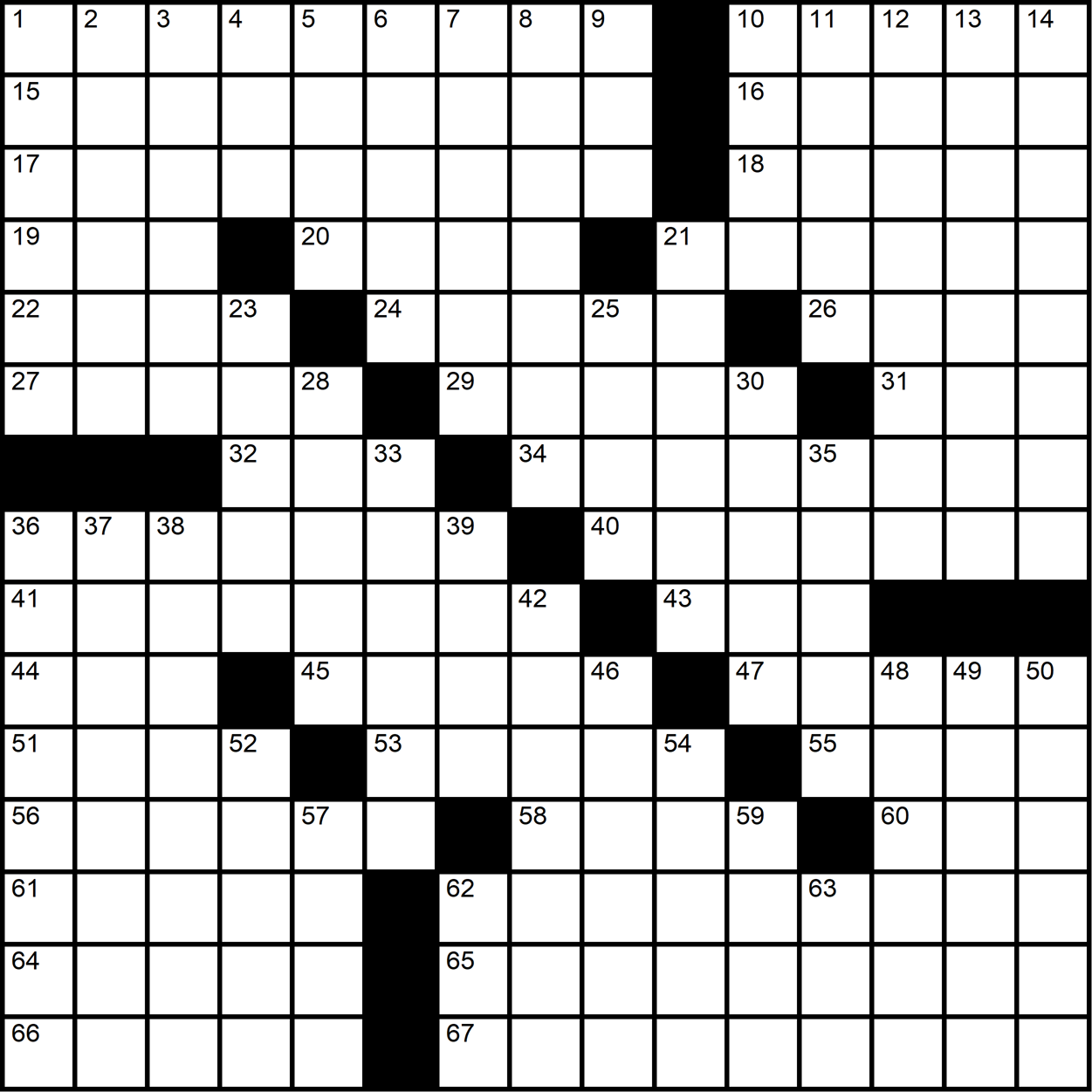 A themeless 15x15 crossword grid with a staircase of black squares running down the middle from left to right.