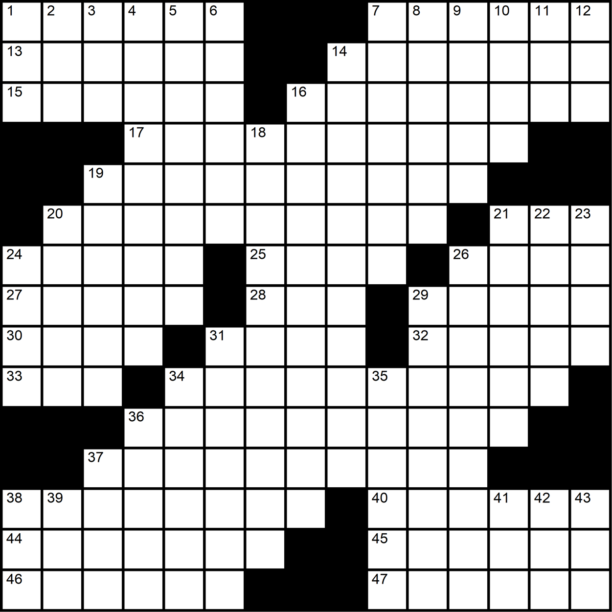 A themeless crossword grid resembling a vine with leaves extending on either side.