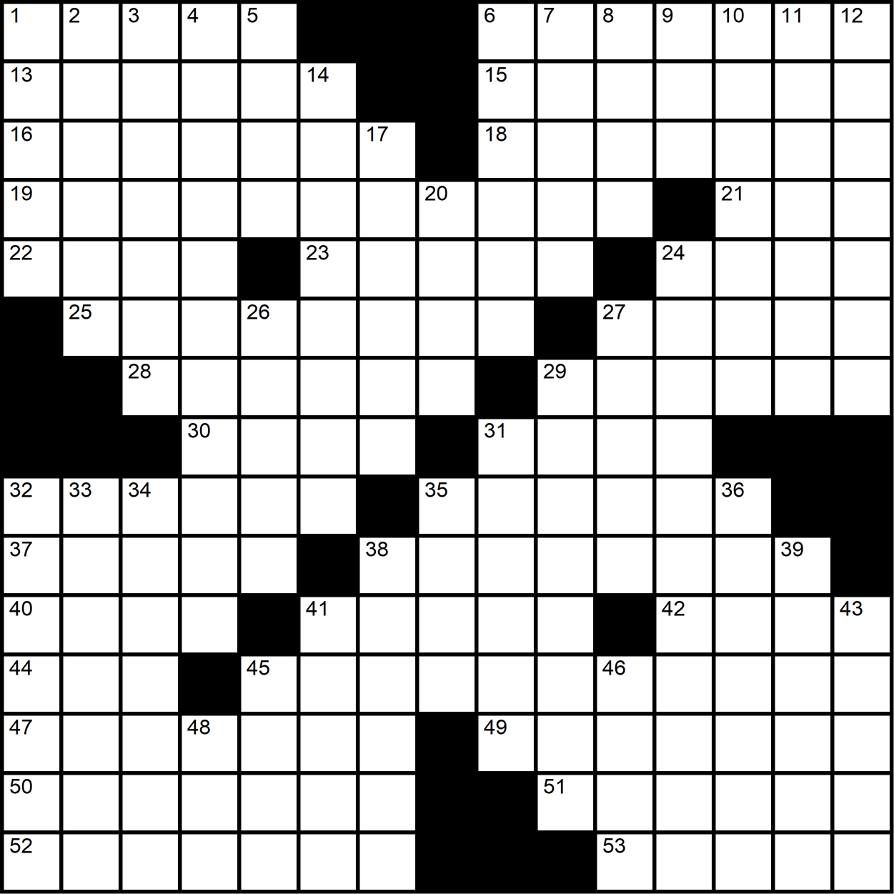A themeless crossword grid with a long chain of diagonal black squares extending up from the lower left to the upper right.